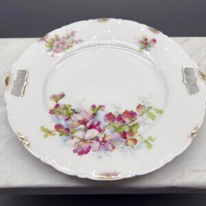 Vintage Porcelain Cake Plate Open Handles Pink White Roses Hand Painted Cottage